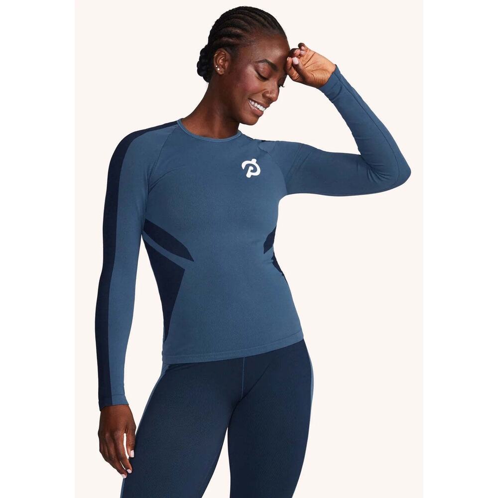 Peloton Seamless Top Womens M Navy Teal Long Sleeve T Shirt Crew Neck Logo